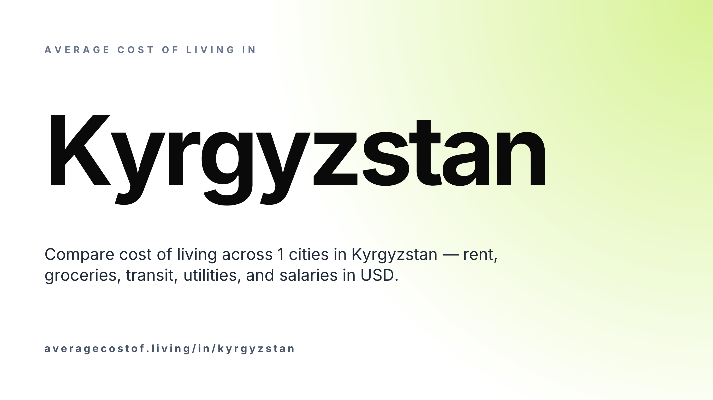 Average cost of living in Kyrgyzstan — 1 cities compared on rent, groceries, transport, and salaries in USD.