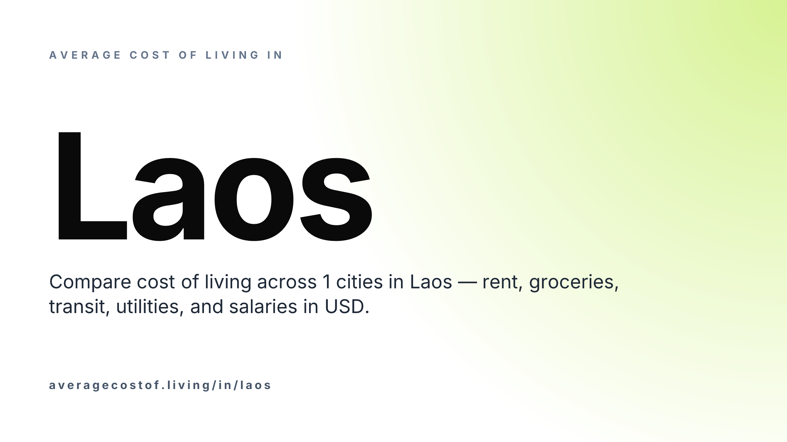 Average cost of living in Laos — 1 cities compared on rent, groceries, transport, and salaries in USD.