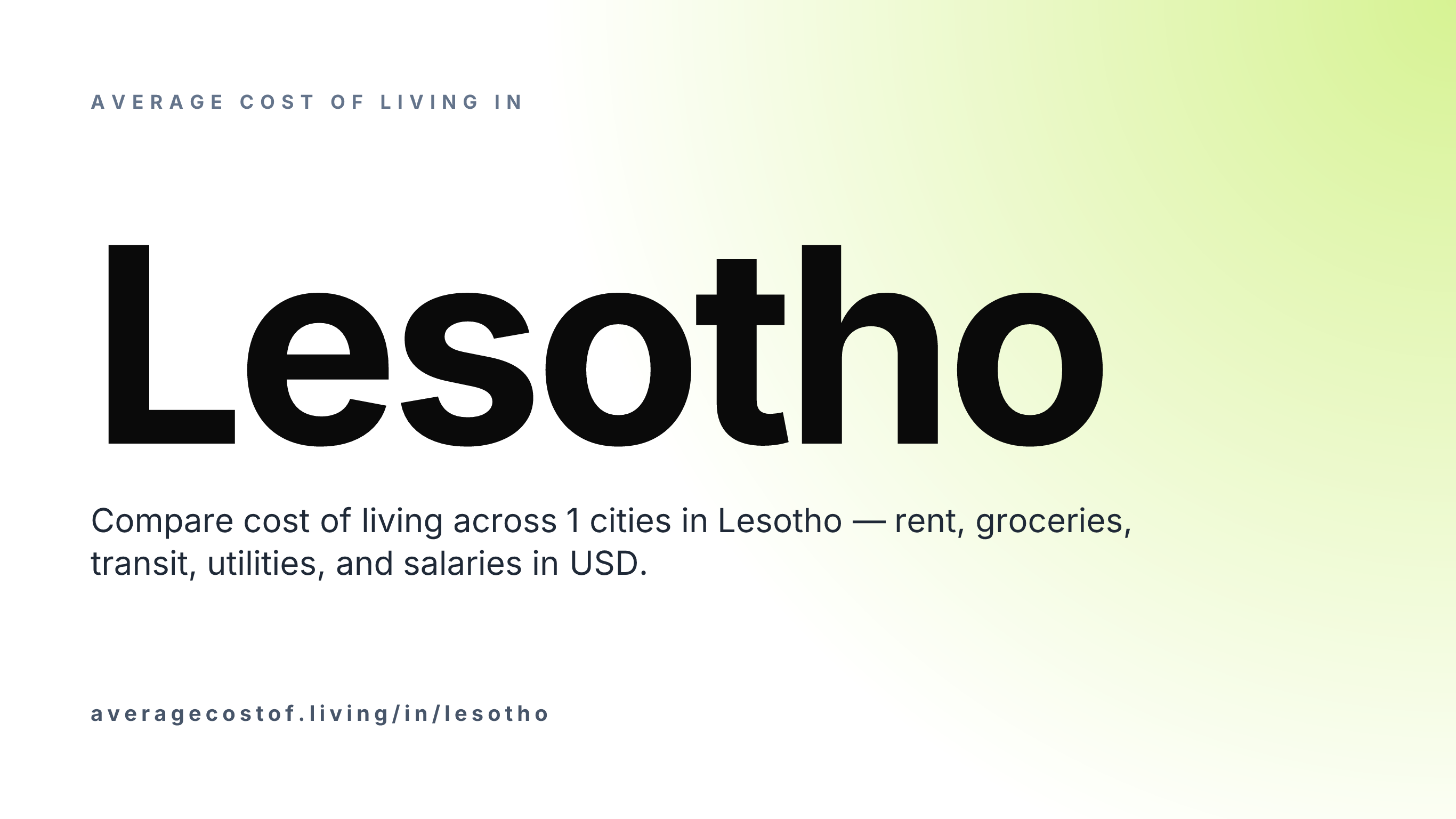 Average cost of living in Lesotho — 1 cities compared on rent, groceries, transport, and salaries in USD.