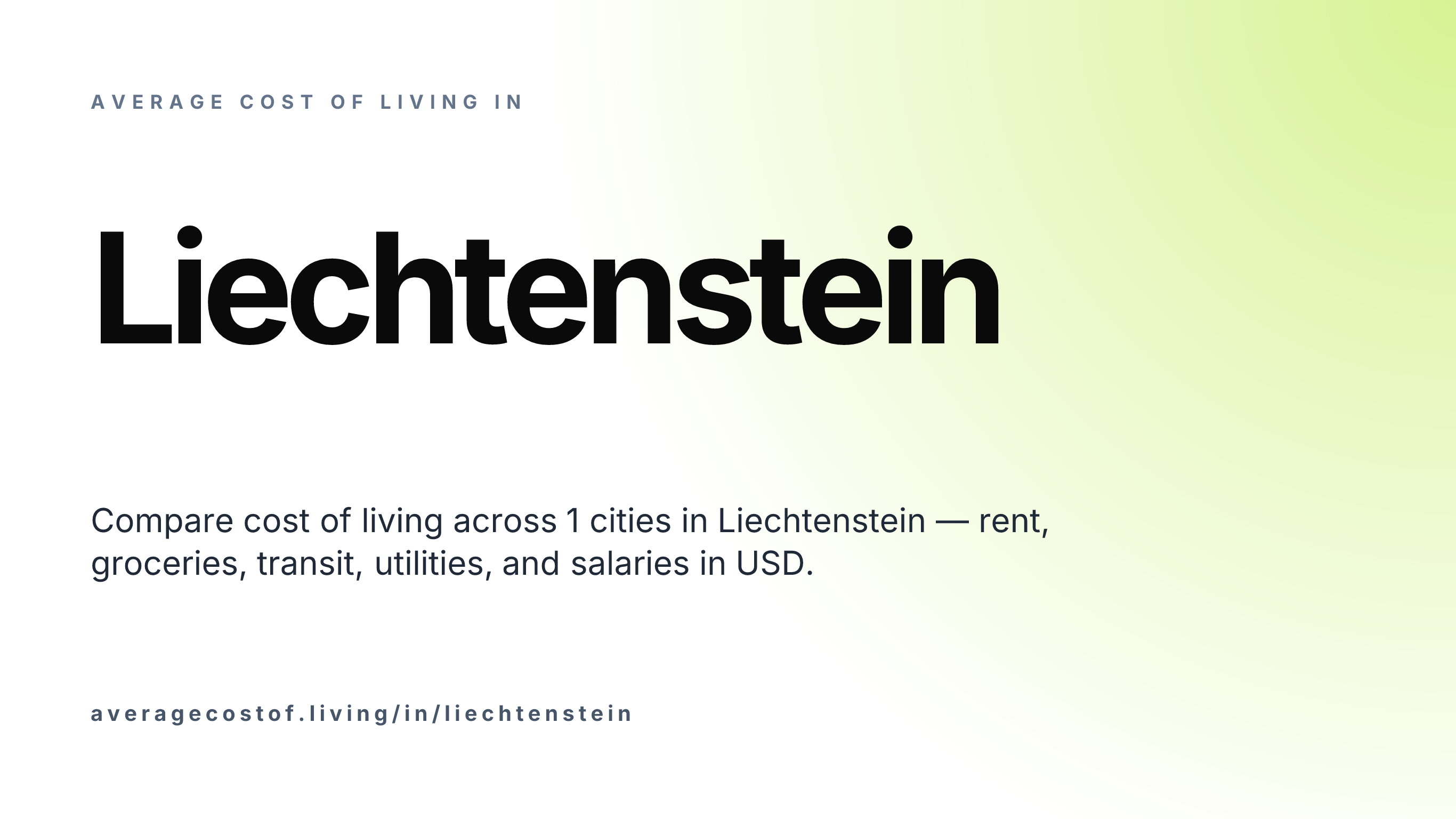 Average cost of living in Liechtenstein — 1 cities compared on rent, groceries, transport, and salaries in USD.