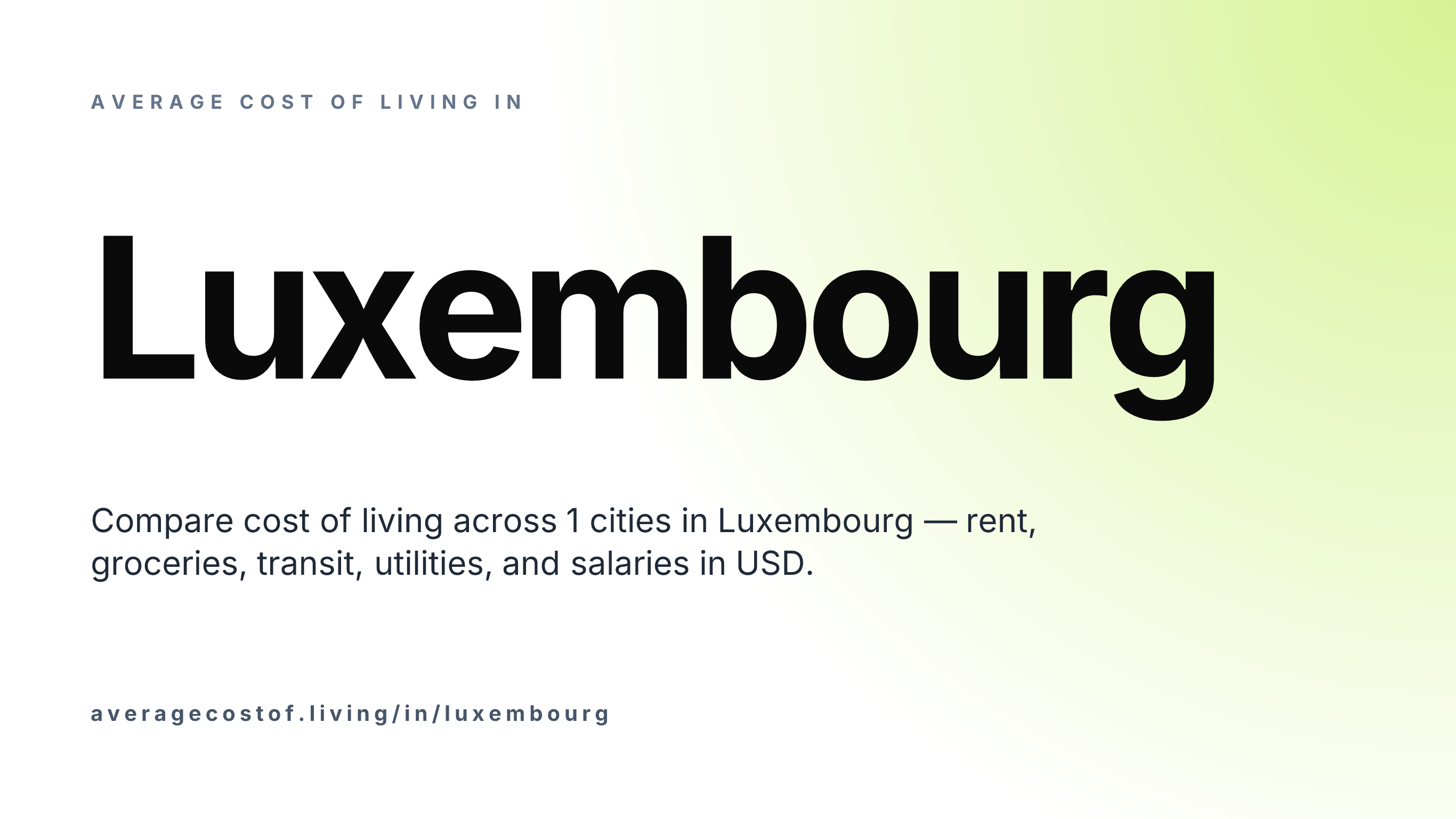 Average cost of living in Luxembourg — 1 cities compared on rent, groceries, transport, and salaries in USD.