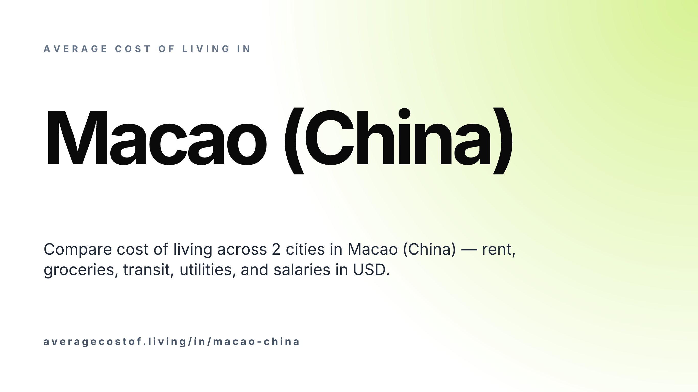 Average cost of living in Macao (China) — 2 cities compared on rent, groceries, transport, and salaries in USD.