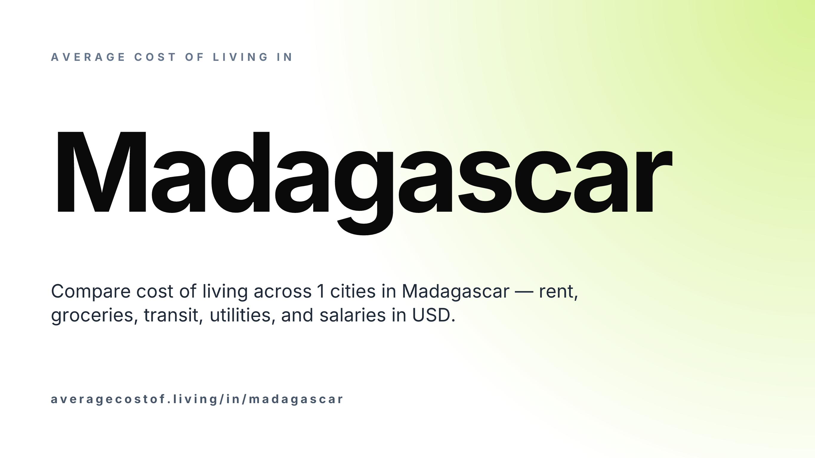 Average cost of living in Madagascar — 1 cities compared on rent, groceries, transport, and salaries in USD.