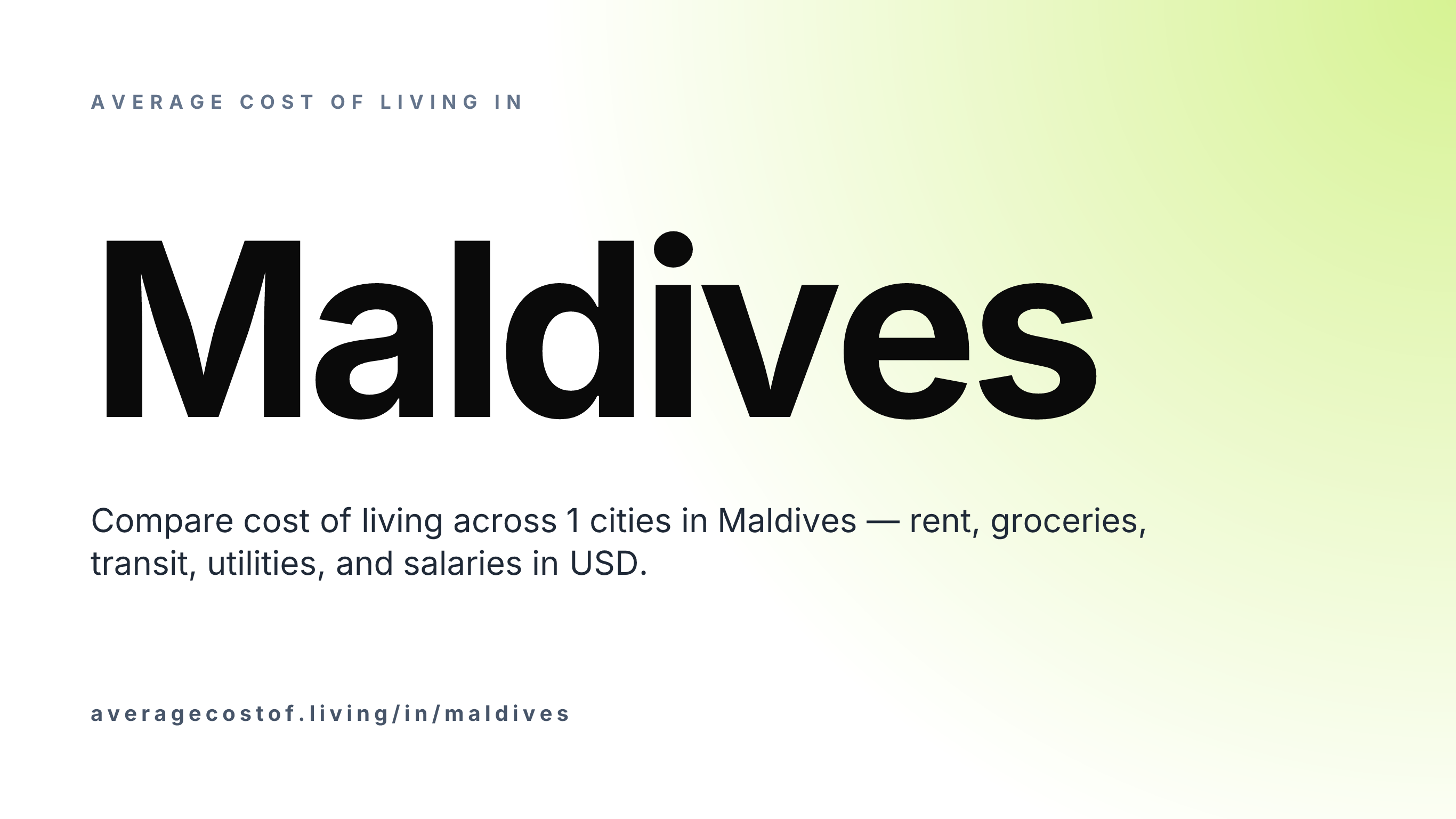 Average cost of living in Maldives — 1 cities compared on rent, groceries, transport, and salaries in USD.