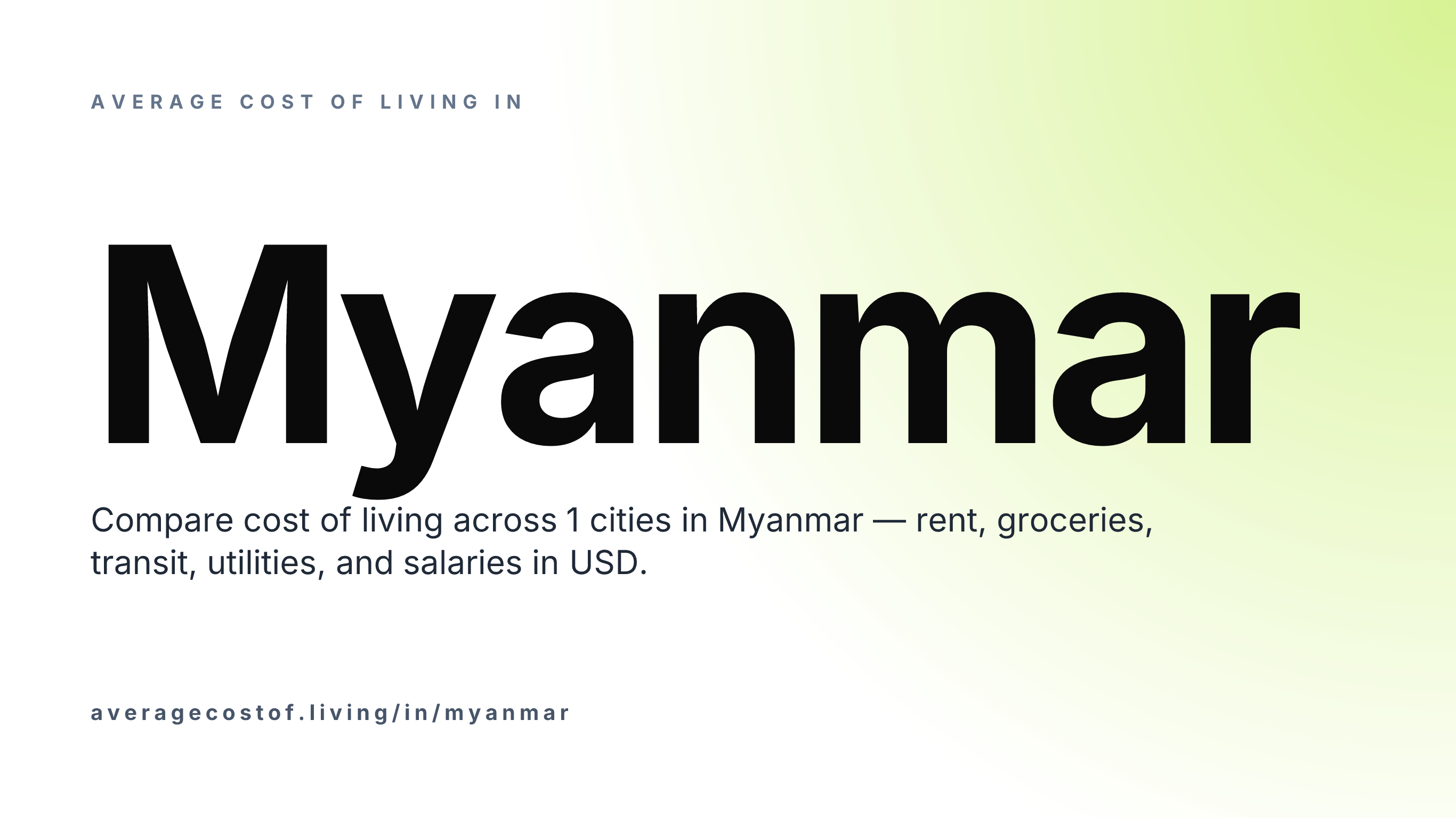 Average cost of living in Myanmar — 1 cities compared on rent, groceries, transport, and salaries in USD.