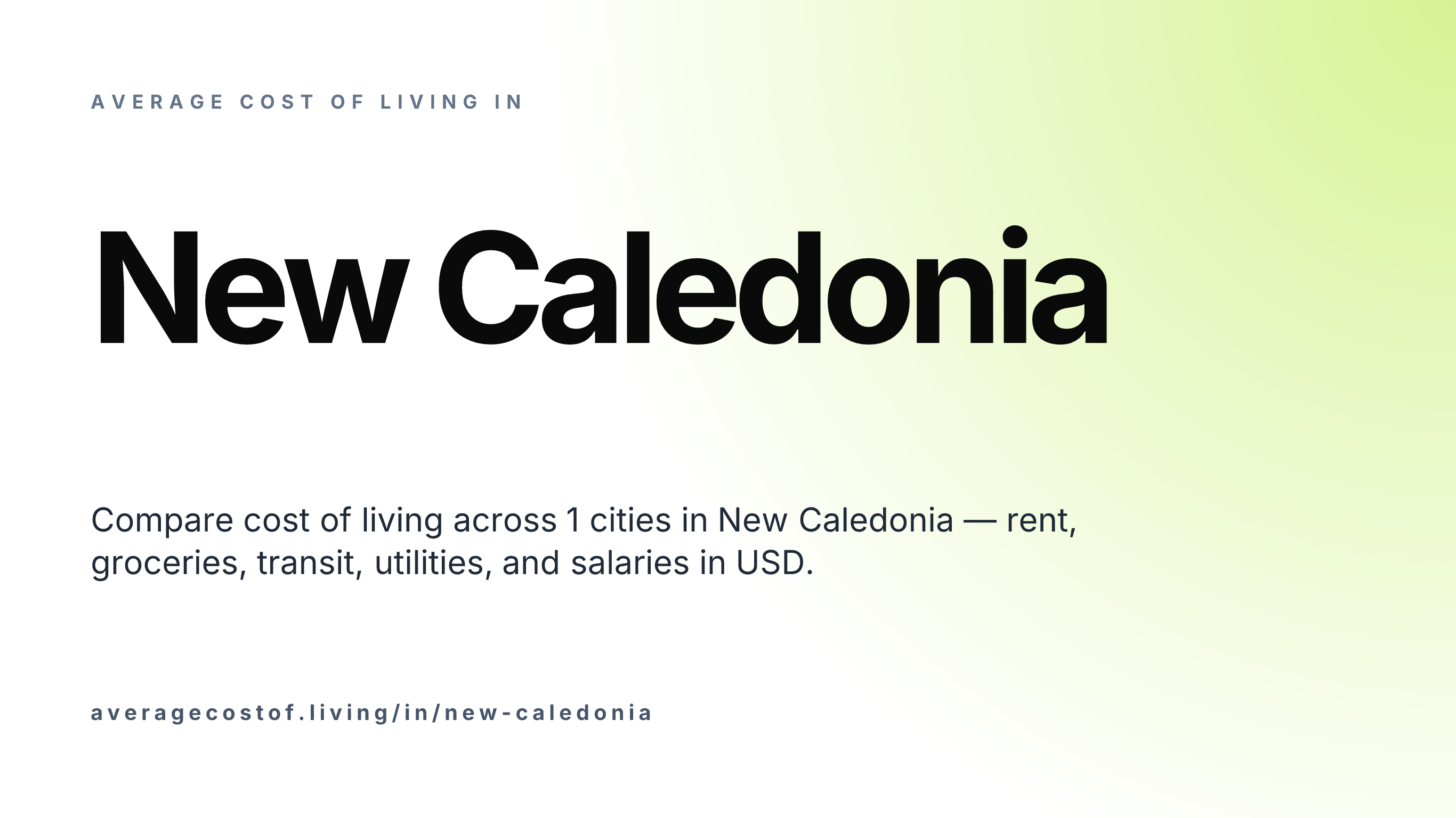 Average cost of living in New Caledonia — 1 cities compared on rent, groceries, transport, and salaries in USD.