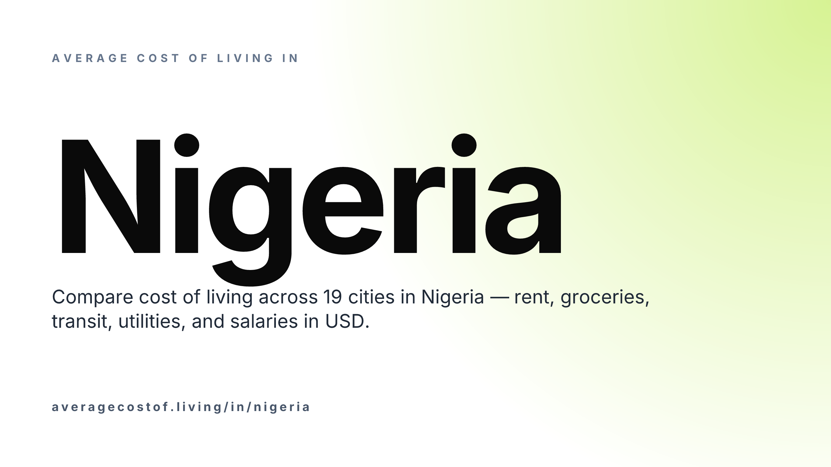 Average cost of living in Nigeria — 19 cities compared on rent, groceries, transport, and salaries in USD.