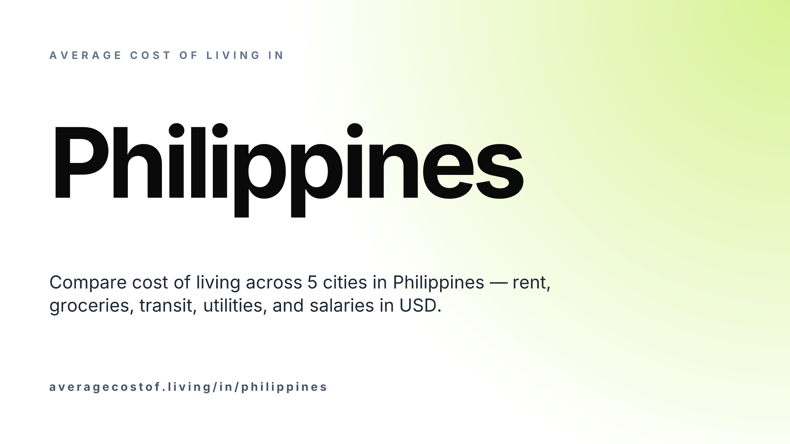Average cost of living in Philippines — 5 cities compared on rent, groceries, transport, and salaries in USD.