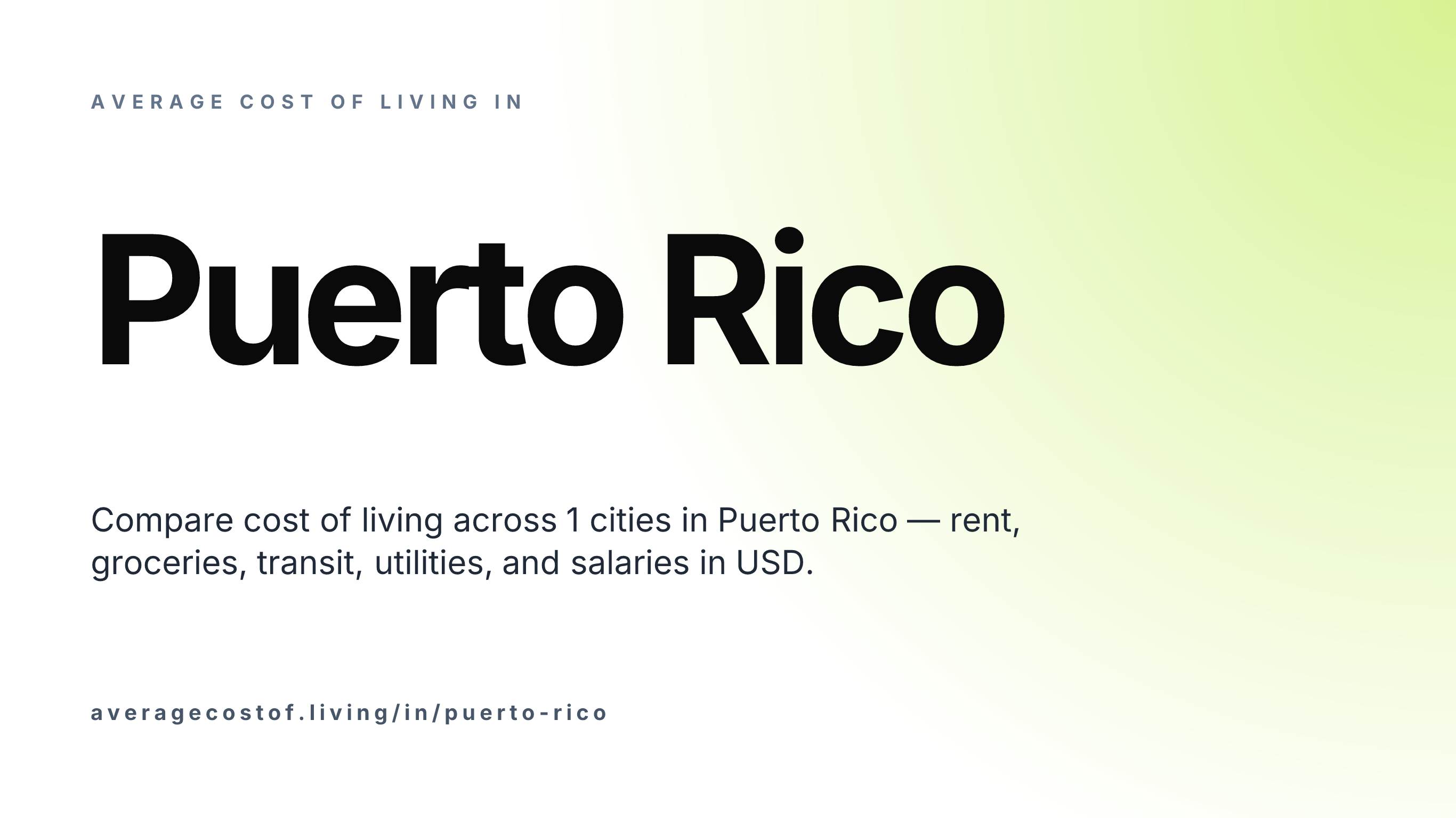 Average cost of living in Puerto Rico — 1 cities compared on rent, groceries, transport, and salaries in USD.