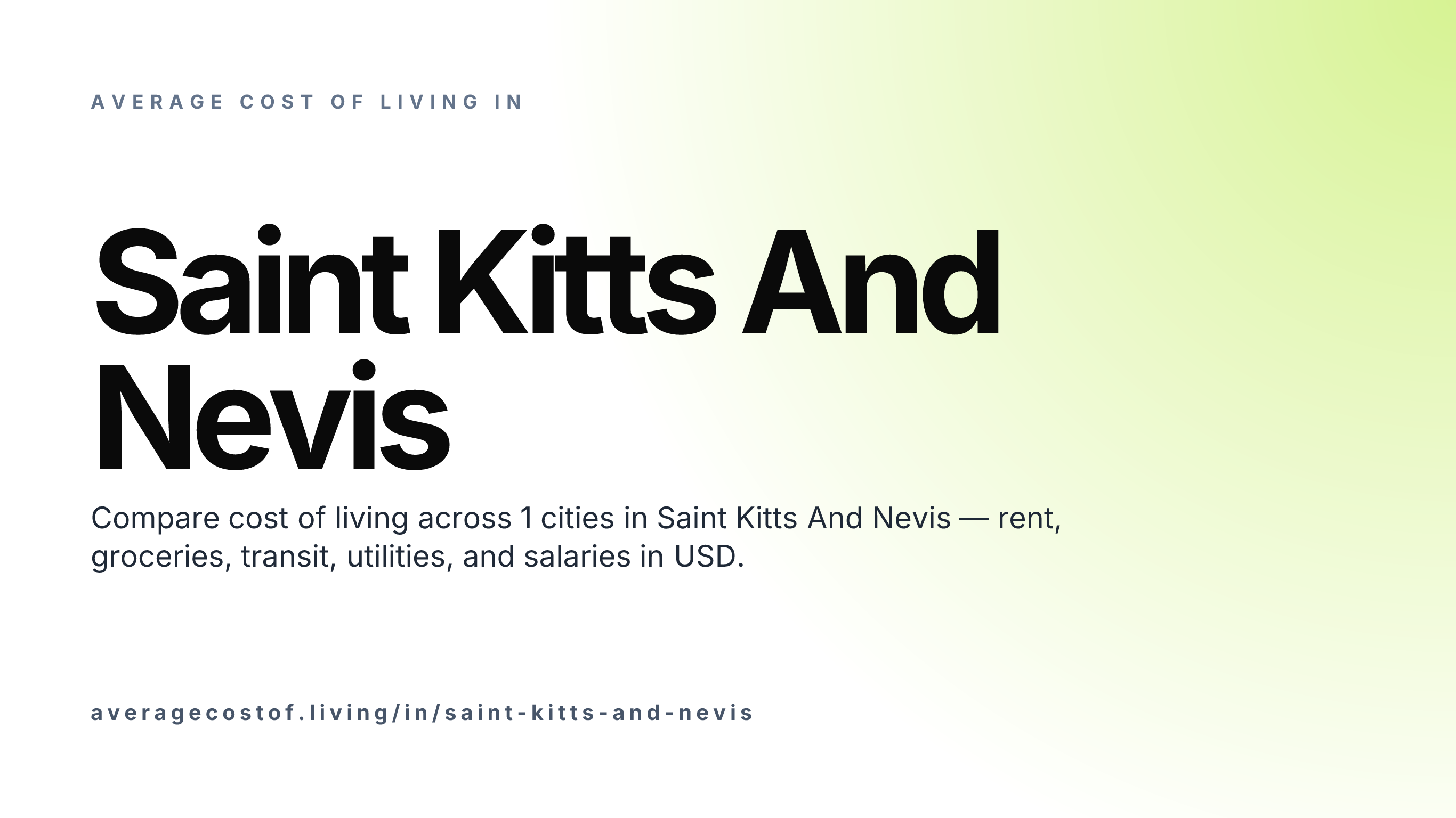 Average cost of living in Saint Kitts And Nevis — 1 cities compared on rent, groceries, transport, and salaries in USD.