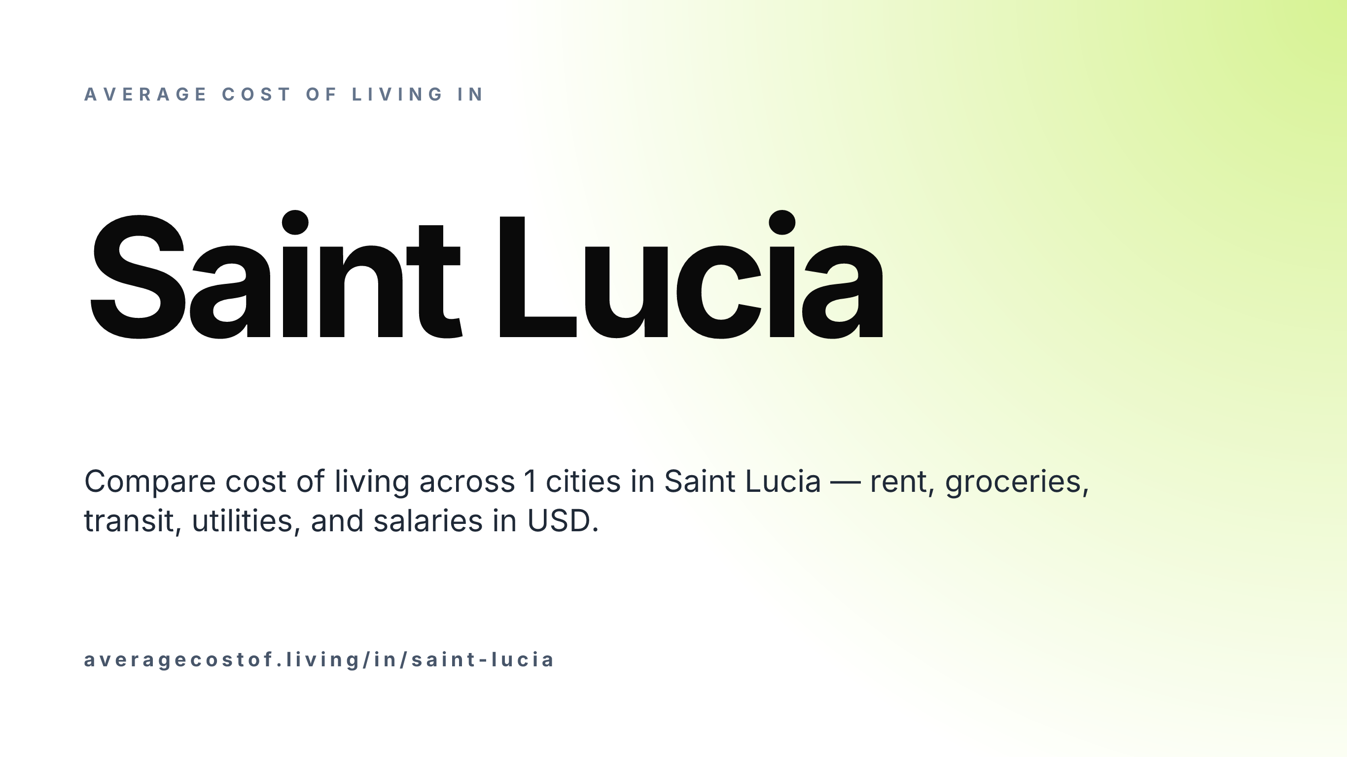 Average cost of living in Saint Lucia — 1 cities compared on rent, groceries, transport, and salaries in USD.