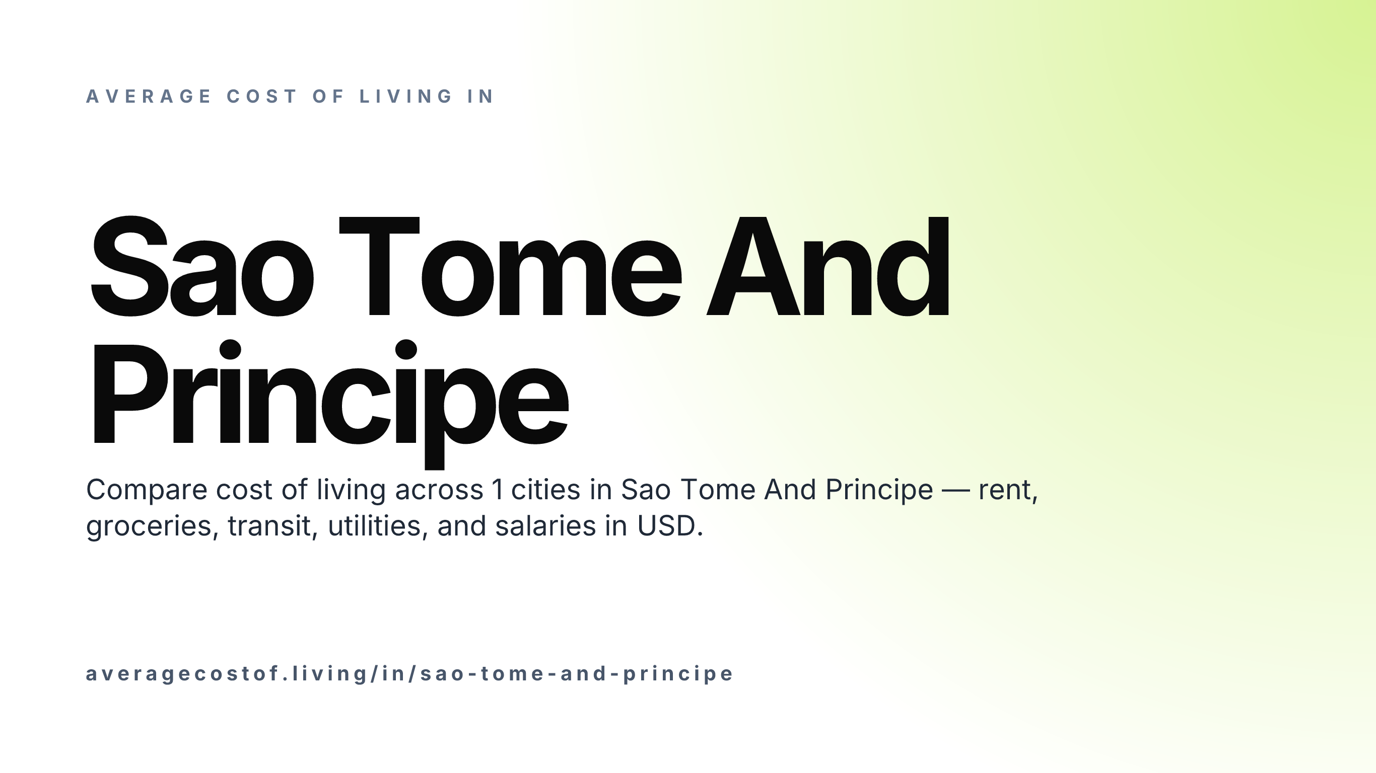 Average cost of living in Sao Tome And Principe — 1 cities compared on rent, groceries, transport, and salaries in USD.