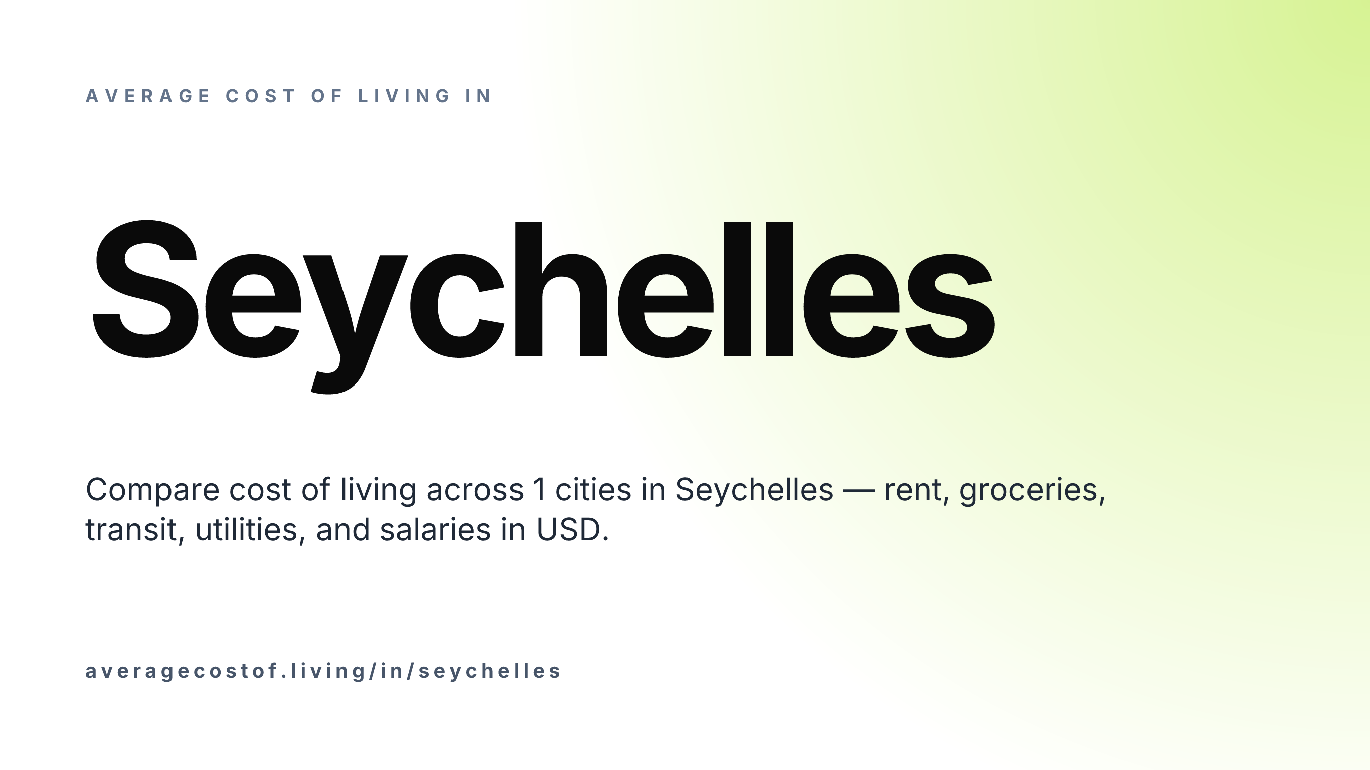 Average cost of living in Seychelles — 1 cities compared on rent, groceries, transport, and salaries in USD.