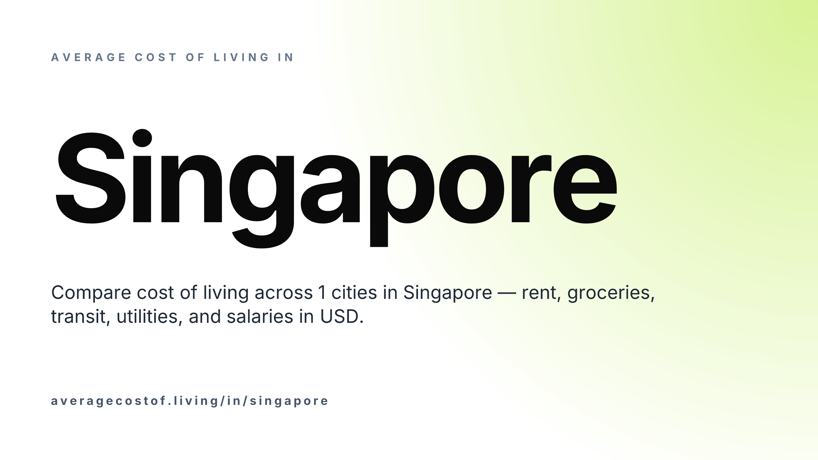 Average cost of living in Singapore — 1 cities compared on rent, groceries, transport, and salaries in USD.