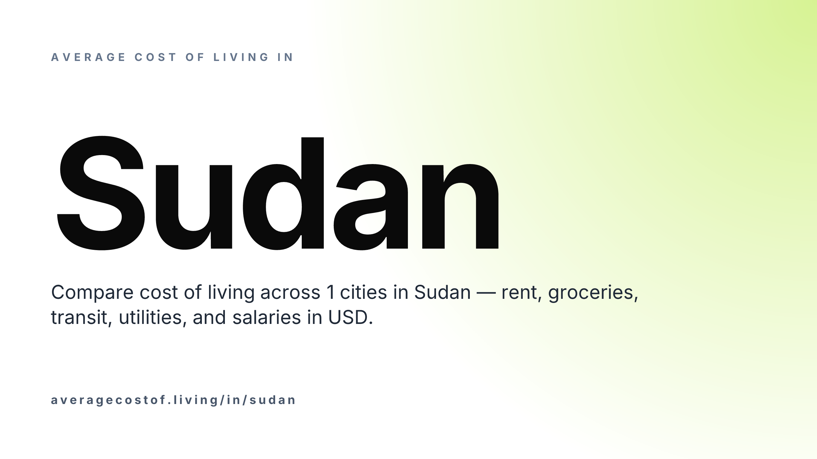 Average cost of living in Sudan — 1 cities compared on rent, groceries, transport, and salaries in USD.