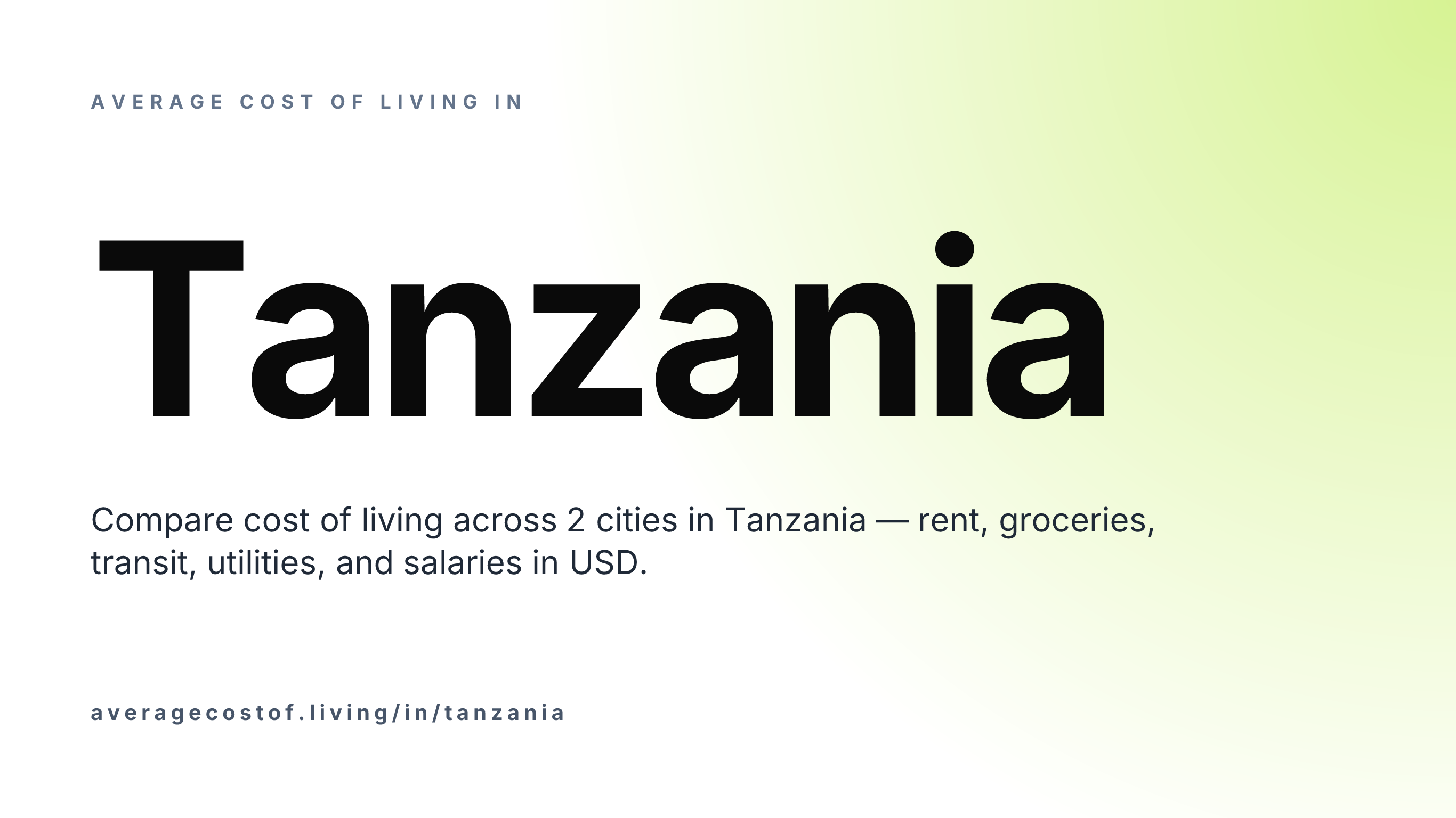 Average cost of living in Tanzania — 2 cities compared on rent, groceries, transport, and salaries in USD.