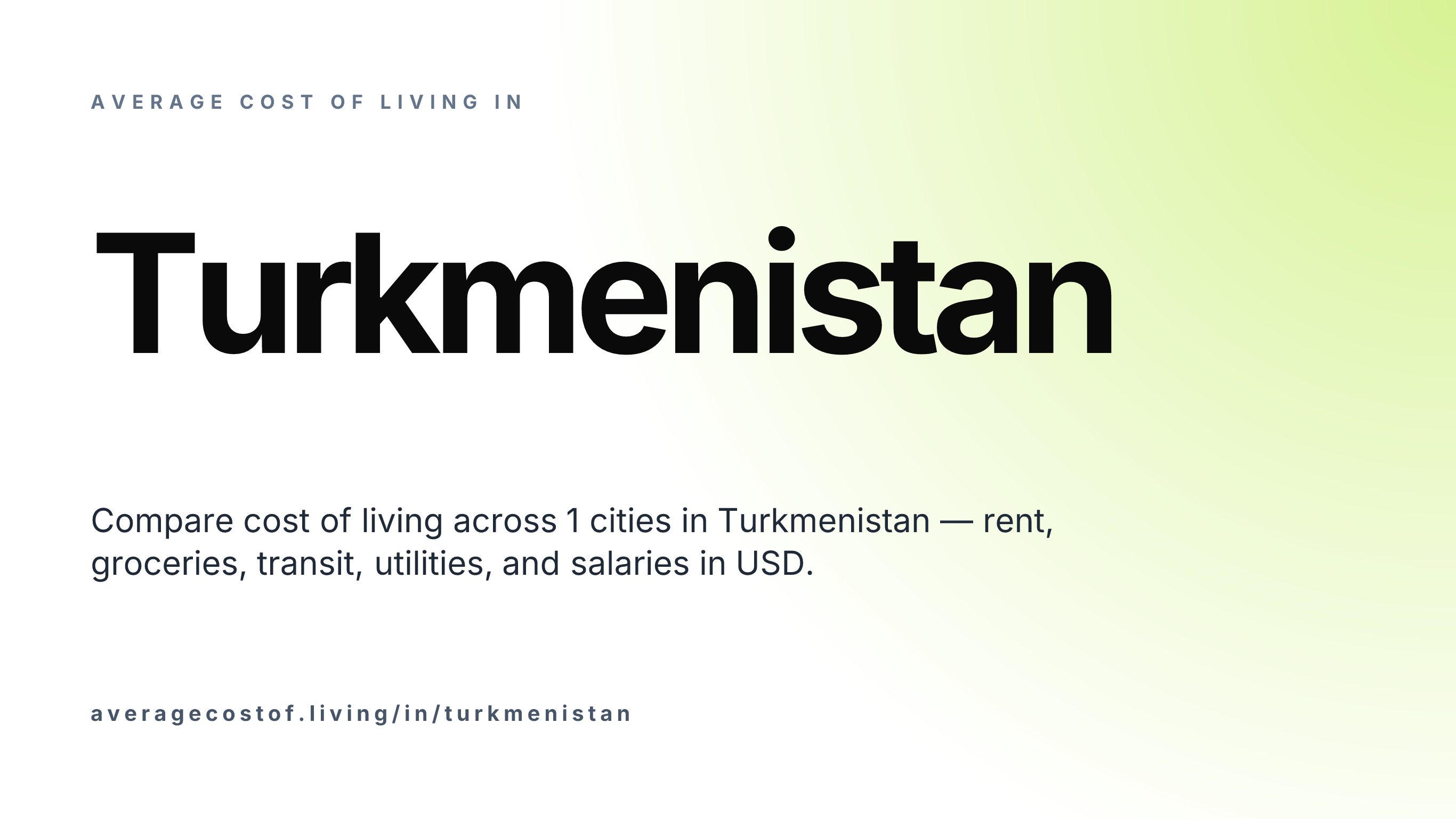 Average cost of living in Turkmenistan — 1 cities compared on rent, groceries, transport, and salaries in USD.