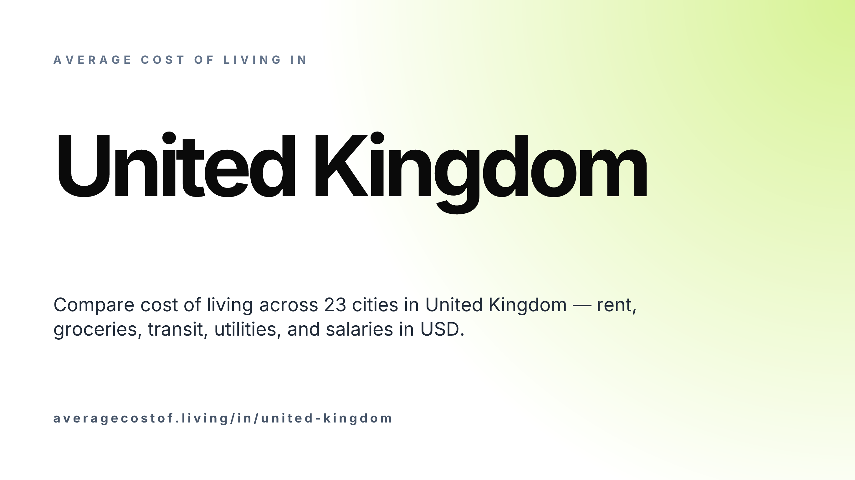 Average cost of living in United Kingdom — 23 cities compared on rent, groceries, transport, and salaries in USD.