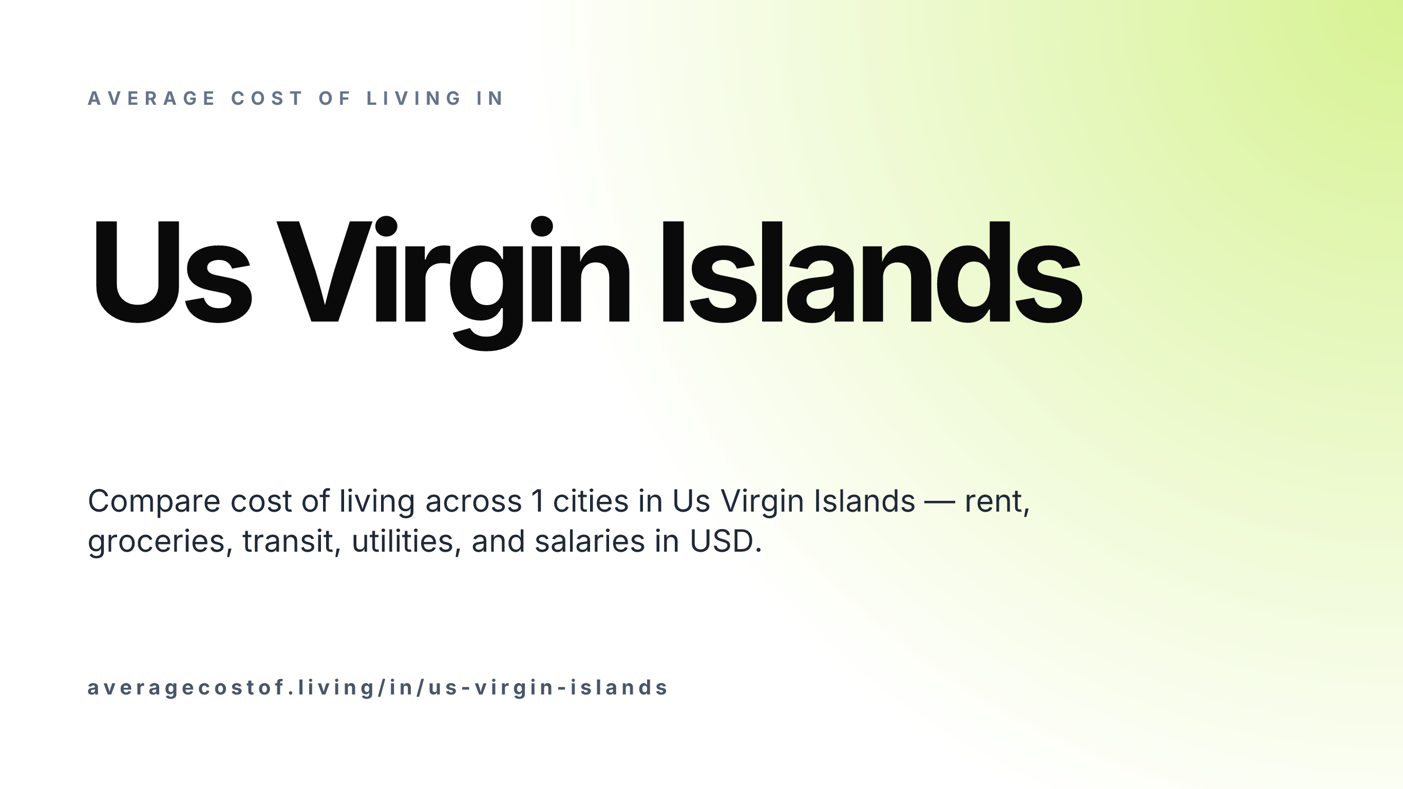 Average cost of living in Us Virgin Islands — 1 cities compared on rent, groceries, transport, and salaries in USD.